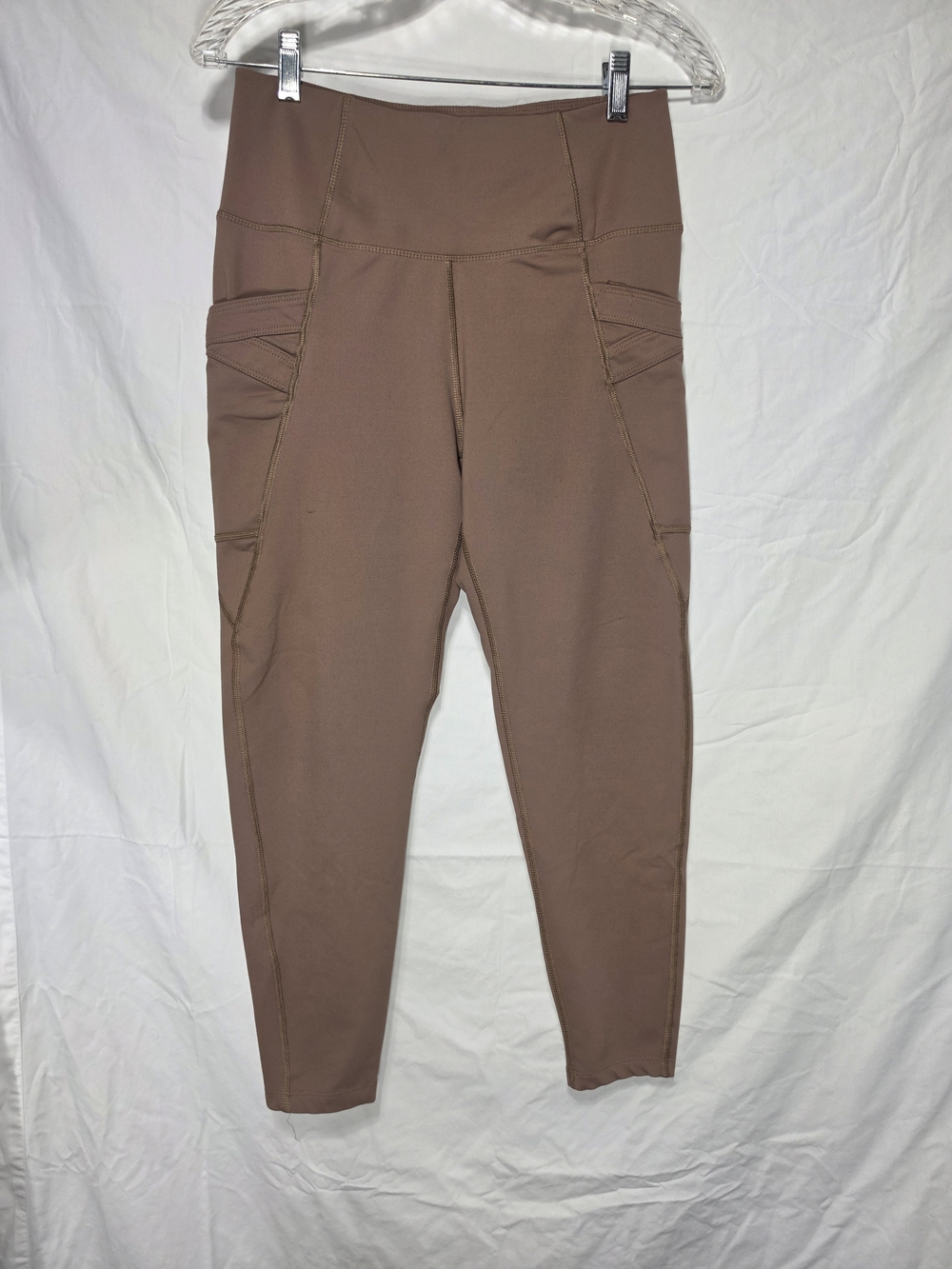 Apana Womens Sz M Extended Waist Yoga Workout Pants Beige Pockets Athletic Pants